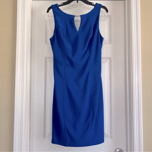 Royal Blue Sleeveless Midi Dress, Gold Bar accent above cleavage window Sz 10 - Picture 6 of 13